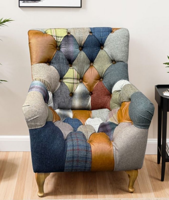 Country Collection Bamford Club Patchwork Armchair Chair with Medium wood Legs- FastTrack